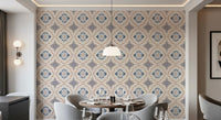 Breakfast nook styled with Floral Tile Harmony Wallpaper and a hanging light