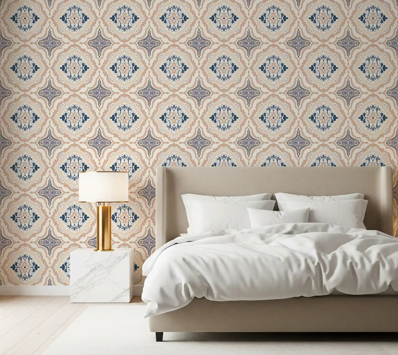 Soft bedroom featuring Floral Tile Harmony Wallpaper behind a low upholstered bed