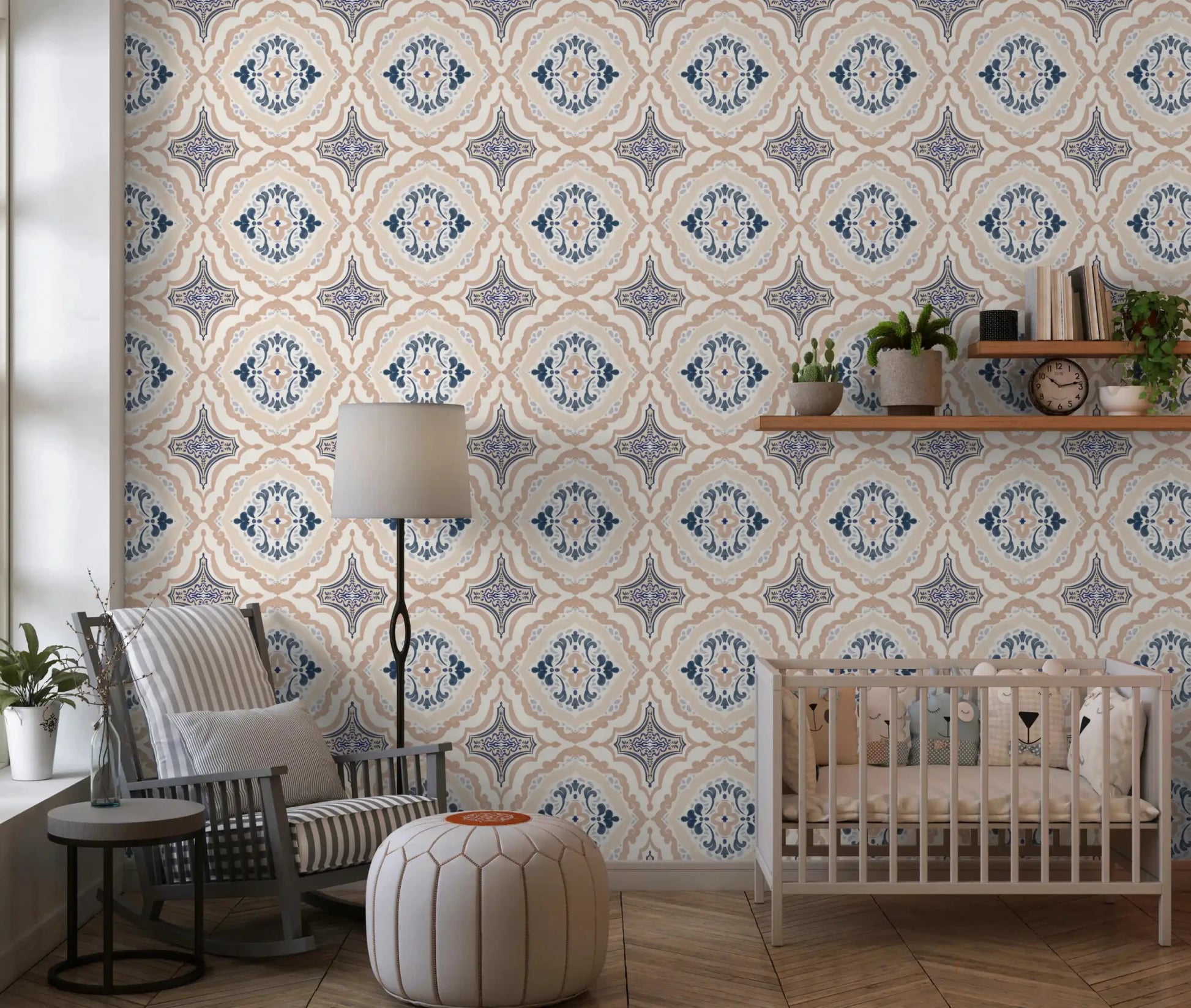 A restful Nursery with Floral Tile Harmony Wallpaper in a warm neutral setting