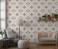 A restful Nursery with Floral Tile Harmony Wallpaper in a warm neutral setting
