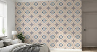 Modern bedroom dressed in Floral Tile Harmony Wallpaper behind a grey bed