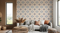 Hallway scene with Floral Tile Harmony Wallpaper and relaxed beige styling