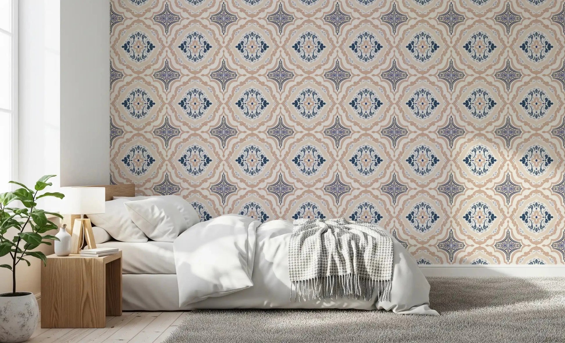 Floral Tile Harmony Wallpaper adds pattern to a bright and airy Bedroom 