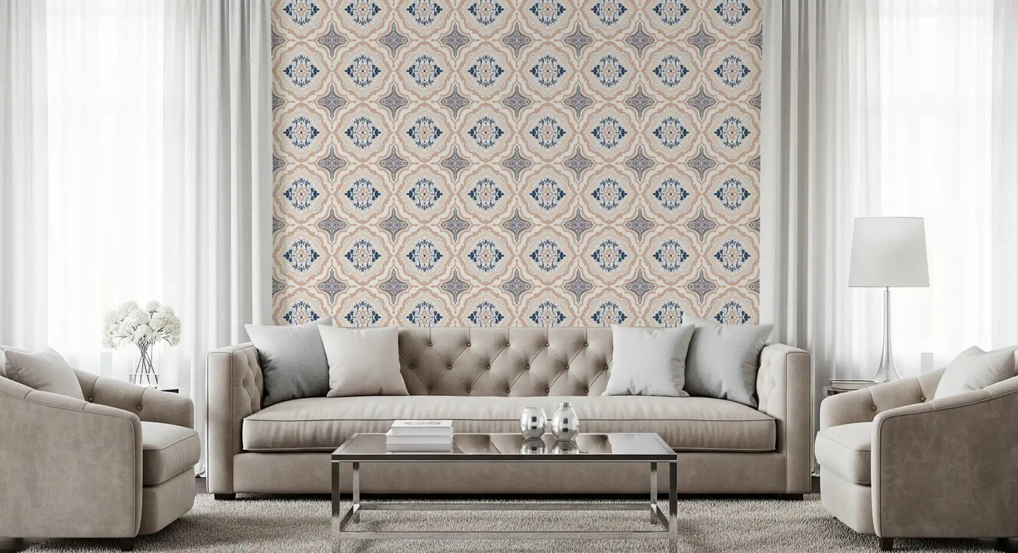 Floral Tile Harmony Wallpaper shown across a calm sitting room with soft seating