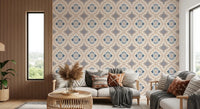 Cozy lounge layered with Floral Tile Harmony Wallpaper and earthy furnishings