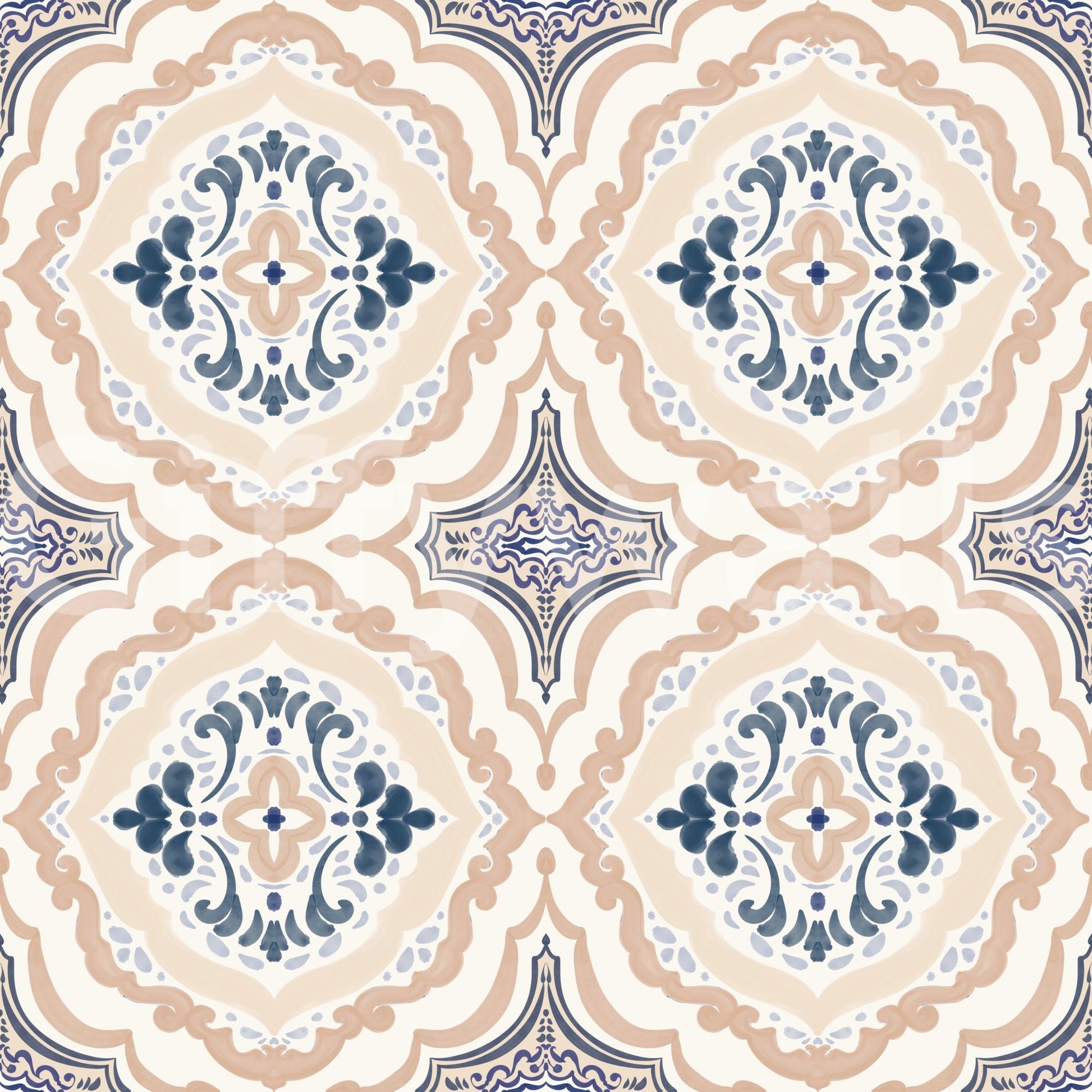 Floral Tile Harmony Wallpaper with blue floral medallions and soft beige tile pattern