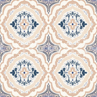 Floral Tile Harmony Wallpaper with blue floral medallions and soft beige tile pattern
