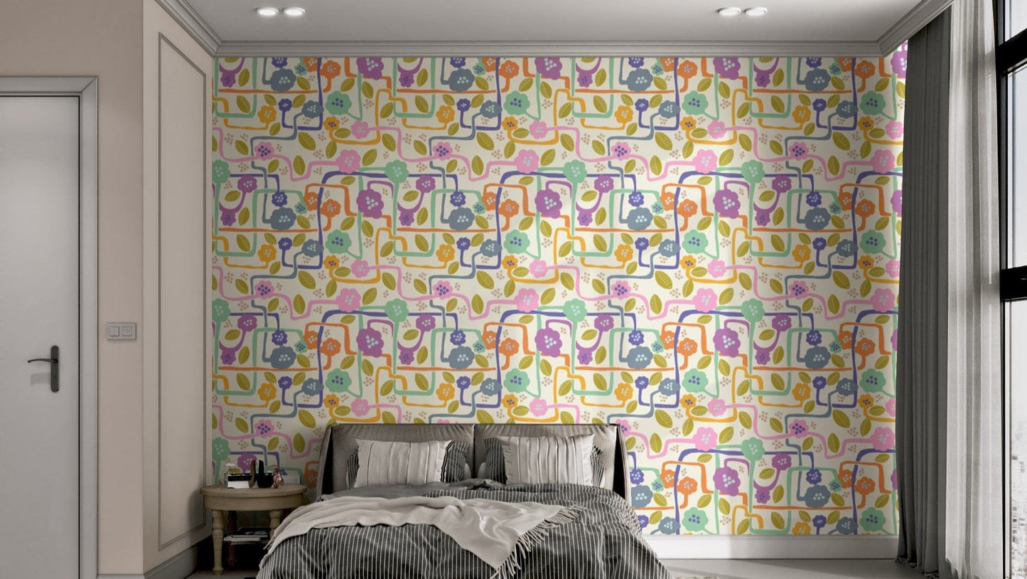 Colorful blooming whimsy wallpaper with intricate flower patterns.
