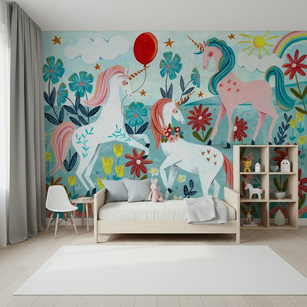 A beautiful whimsical unicorn wallpaper mural with floral accents.