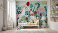 An artistic magical creature mural on minimalist wallpaper.