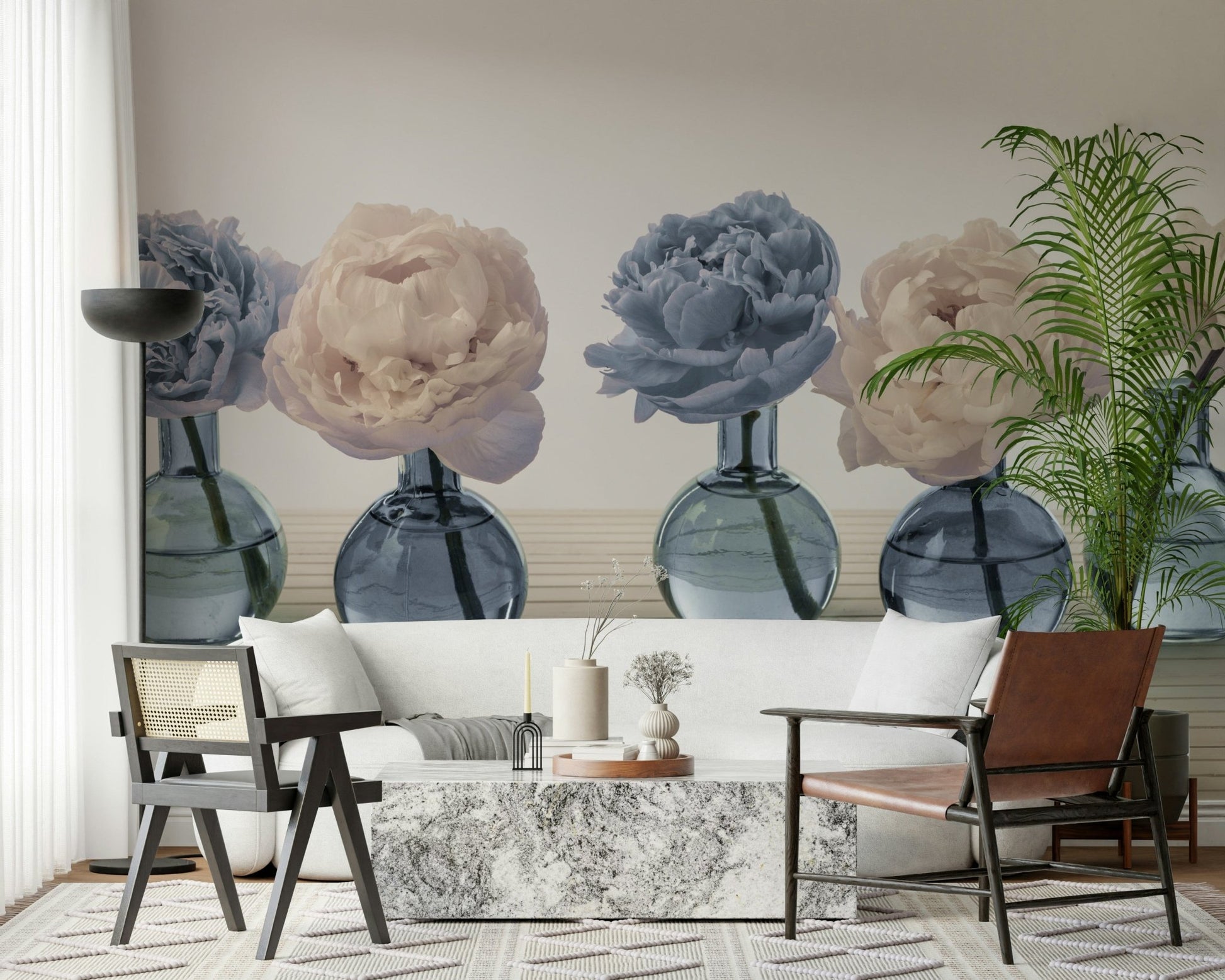Neutral tone wall mural with delicate flowers in vases.