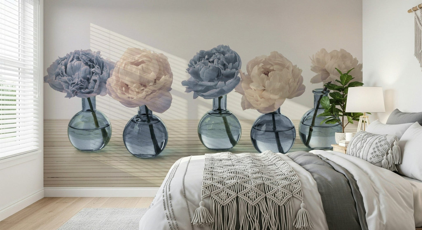 Modern hallway wallpaper displaying vintage floral vases.