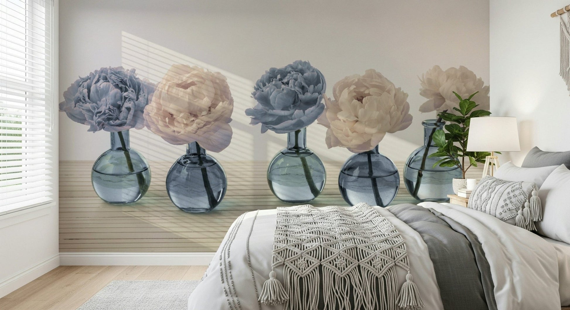 Modern hallway wallpaper displaying vintage floral vases.