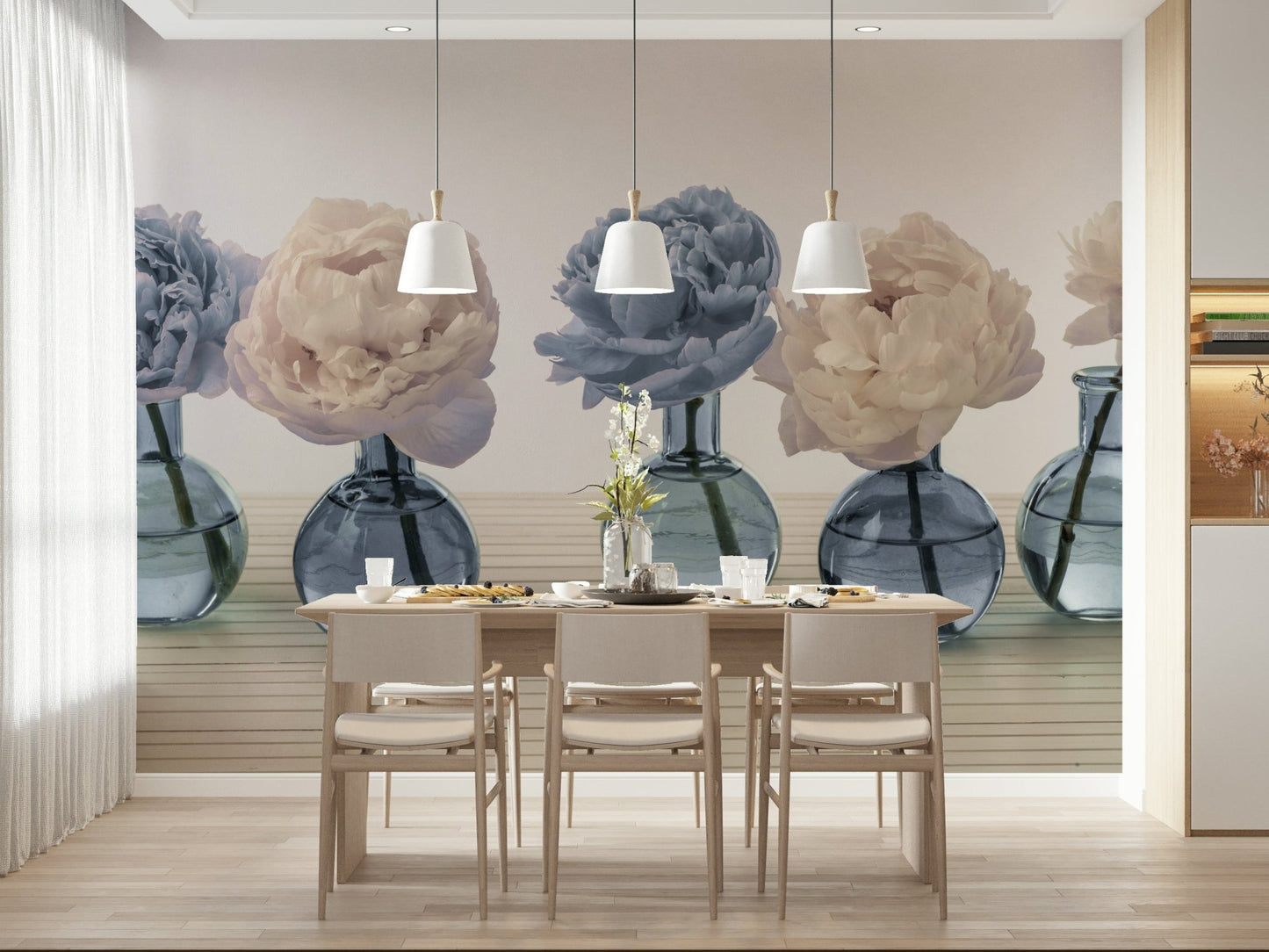 Textured effect wallpaper with painted floral vases and leaves.