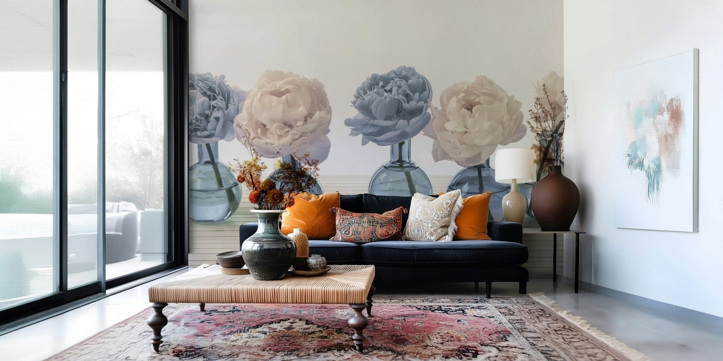Elegant vase with roses wall mural in a minimalist bedroom.
