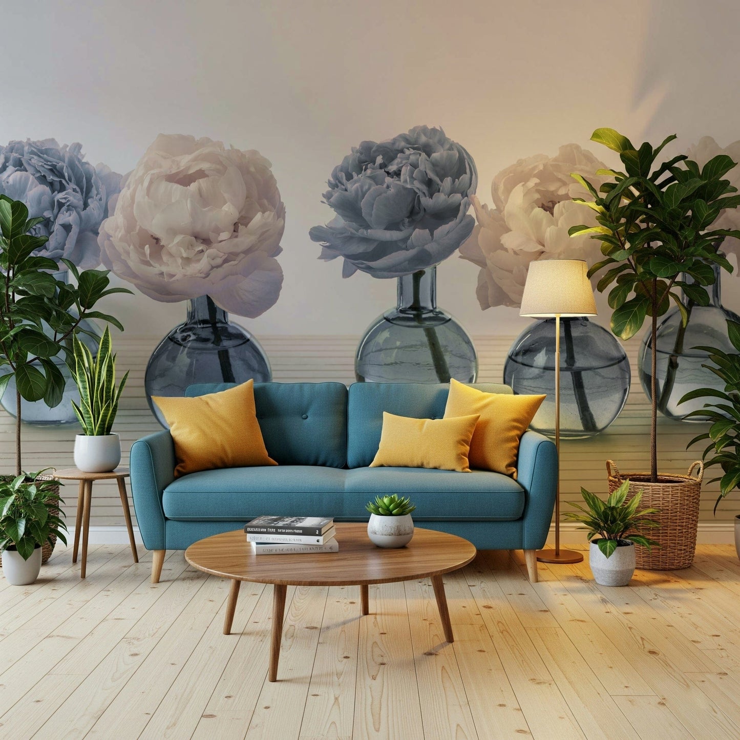 Vibrant bouquet in a tall vase wall mural for a lounge area.