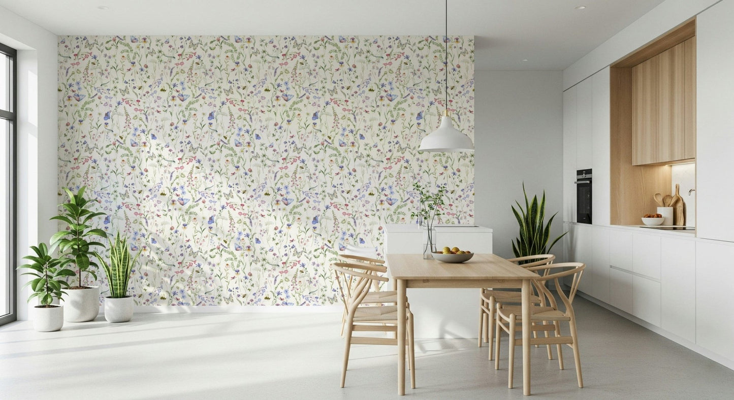 Floral Watercolor Whispers wallpaper mural featuring dainty meadow blossoms.