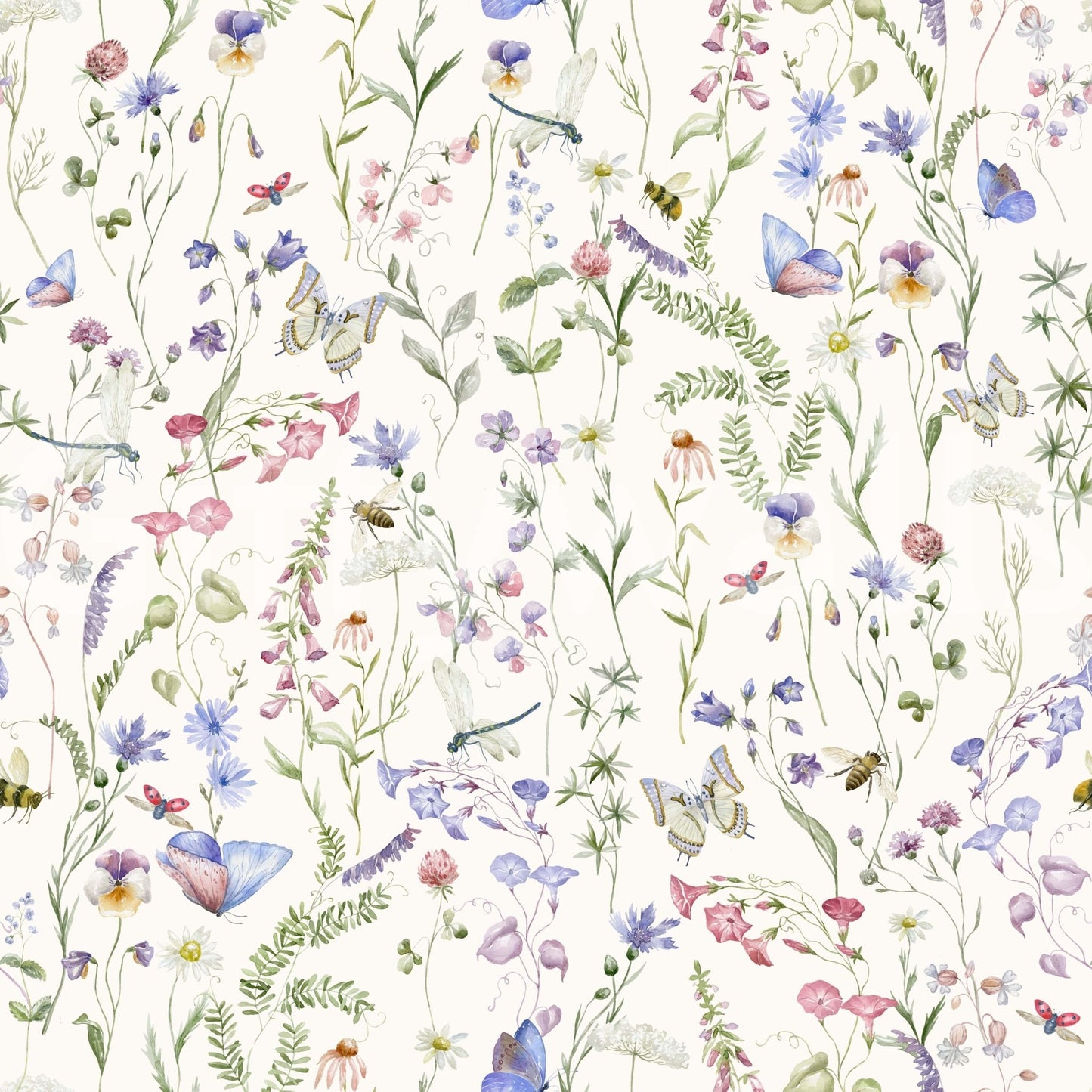 Enchanted garden scenery inside Floral Watercolor Whispers wallpaper mural.