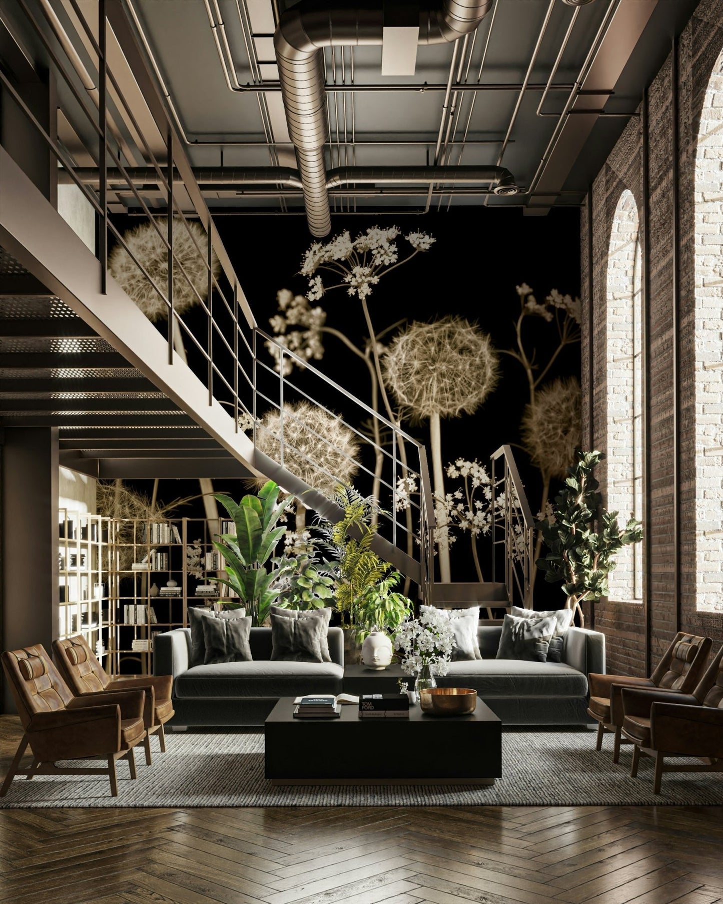 Bedroom with floral wall decor.

