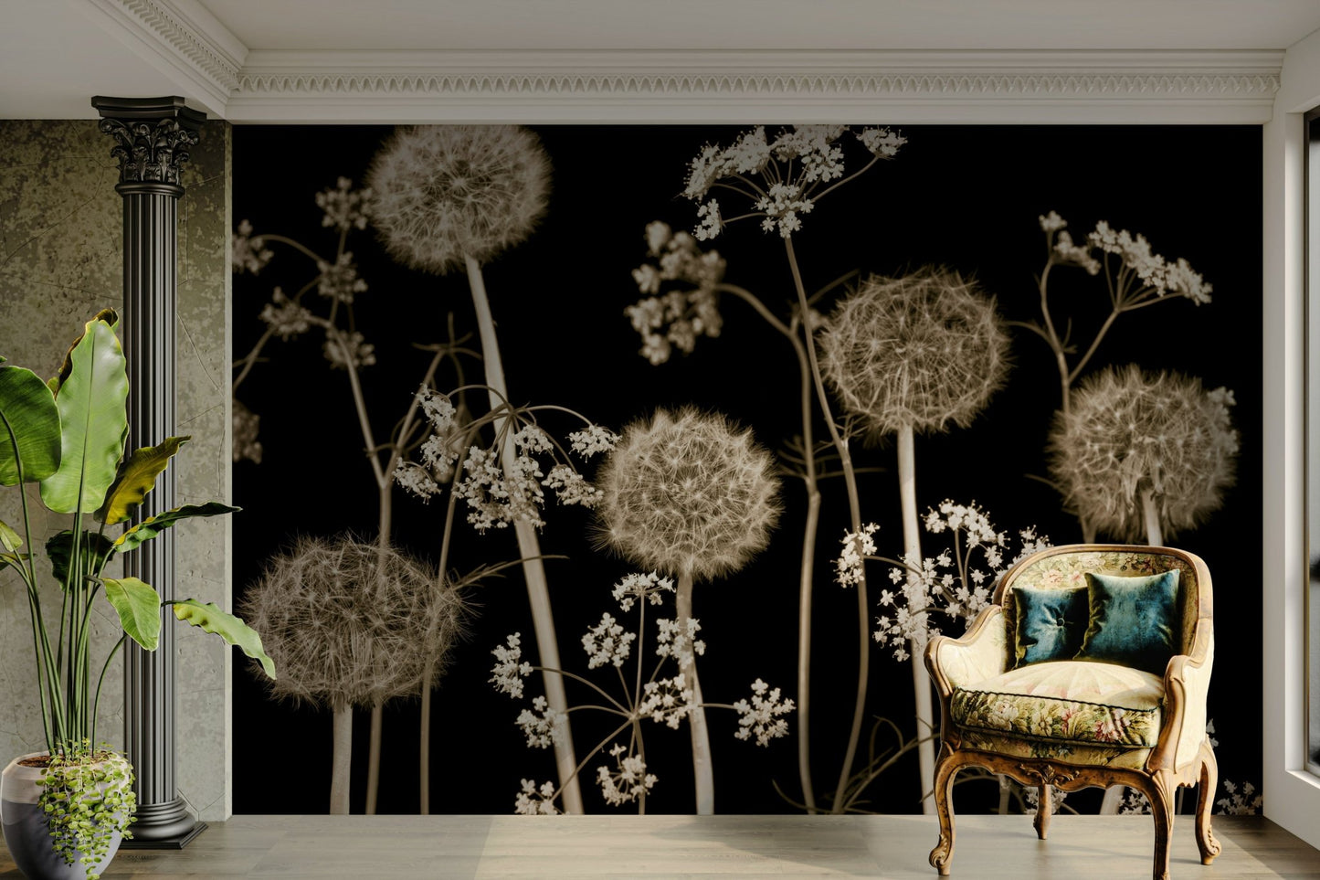 Close-up of pink floral wallpaper.

