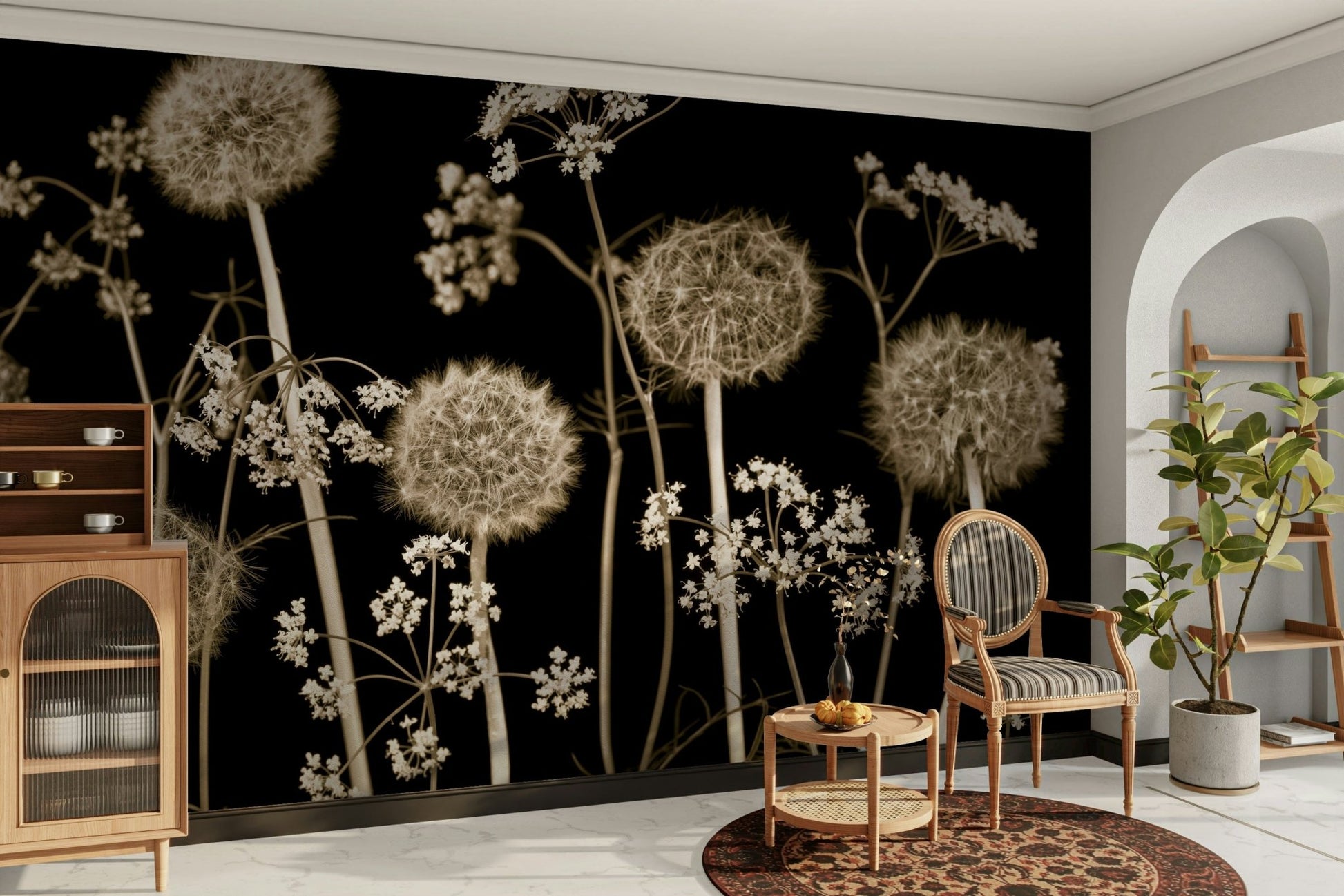 Green leaves on a wall mural.

