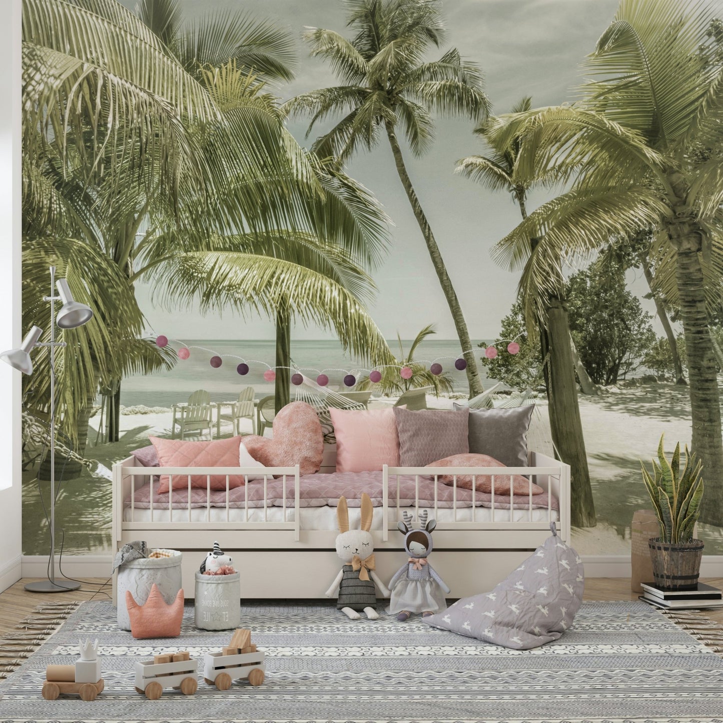 Faded Florida wall mural with clouds, sand, and palm trees.

