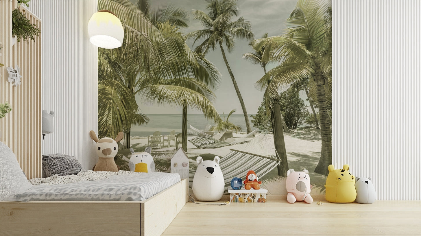 Peaceful seaside mural with nostalgic beach vibe.

