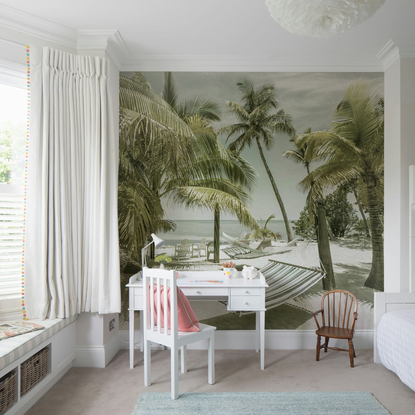 Soft-toned Florida mural with ocean, palms, and vintage charm.


