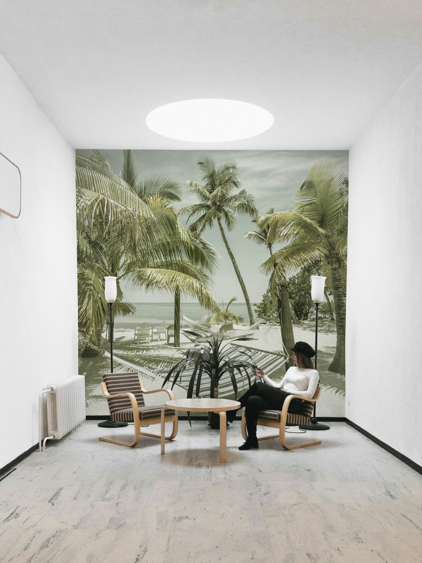 Retro-style mural featuring sunlit skies and sandy shores.

