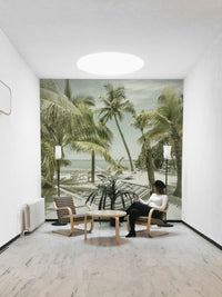 Retro-style mural featuring sunlit skies and sandy shores.

