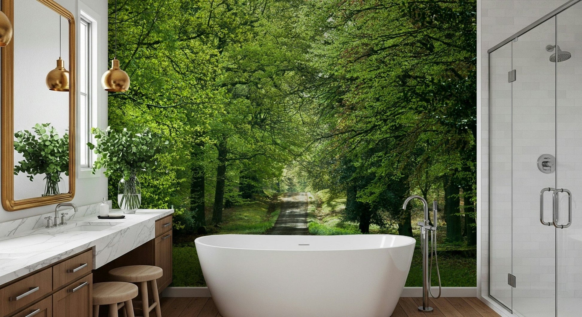 Lush canopy path wallcovering, named Flourishing Path.