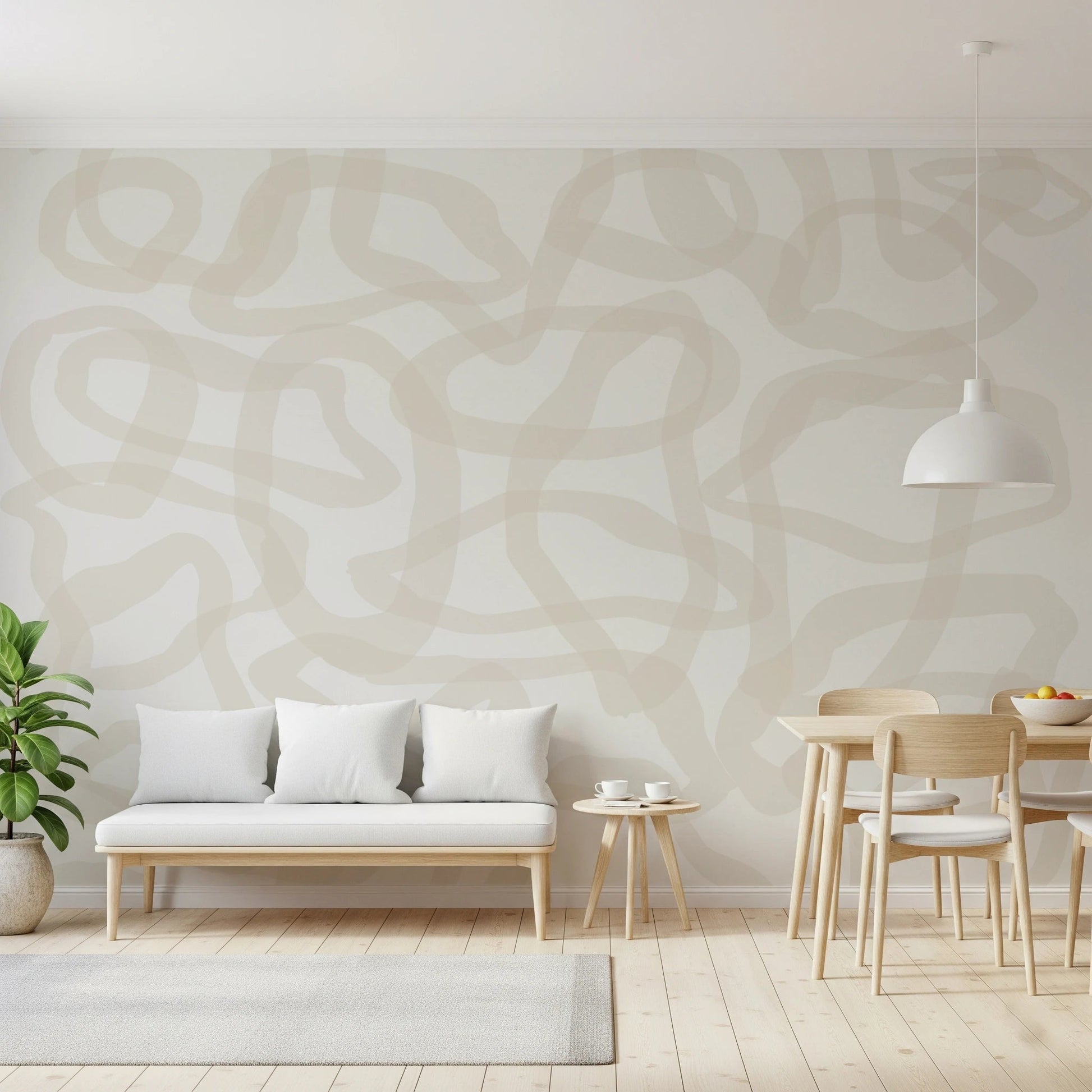 Dining room with Flow State Wall Mural and a white sofa with dining chairs