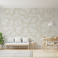 Dining room with Flow State Wall Mural and a white sofa with dining chairs
