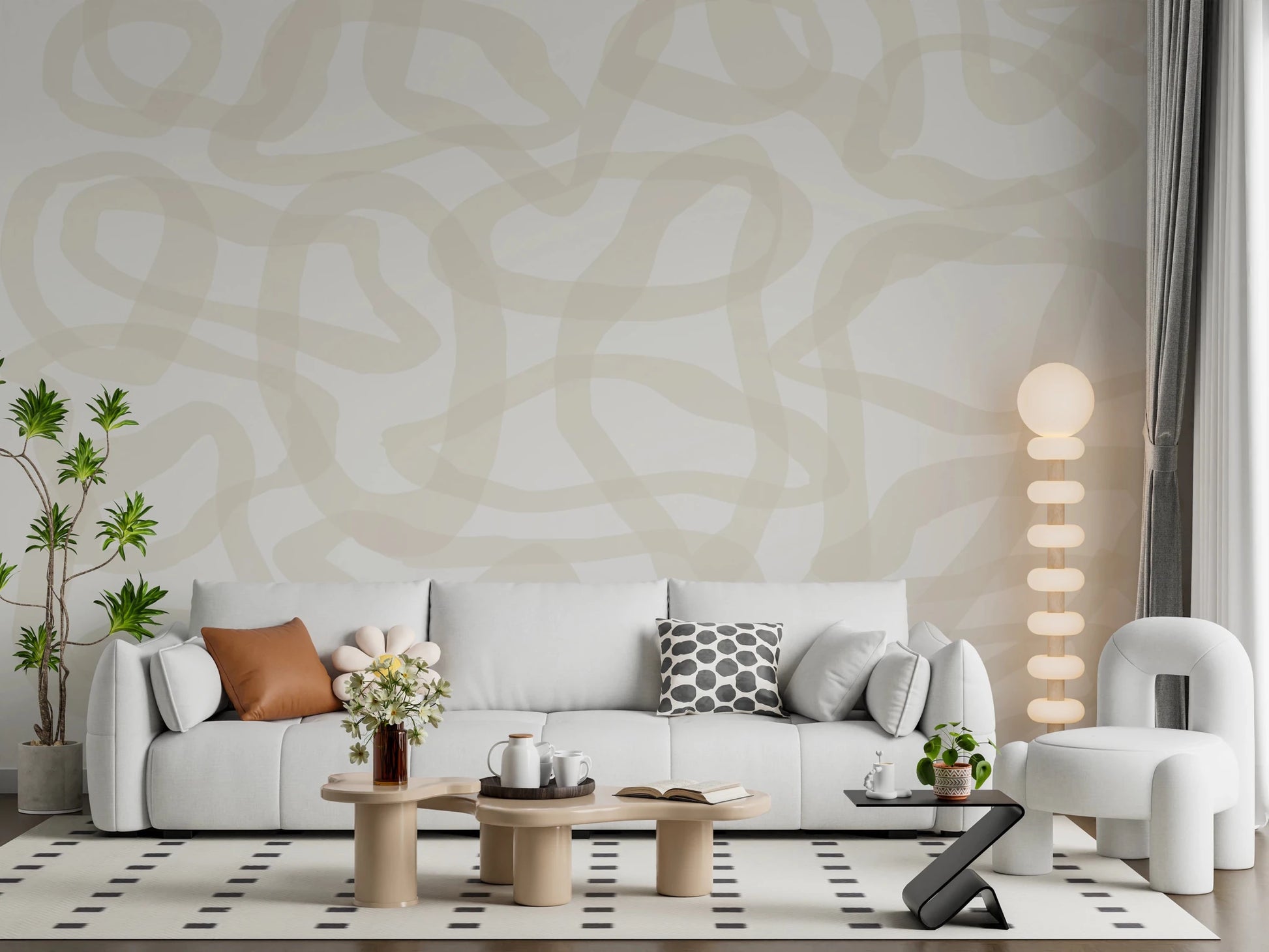 Living area with Flow State Wall Mural and a soft neutral dining setup