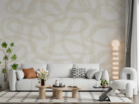 Living area with Flow State Wall Mural and a soft neutral dining setup