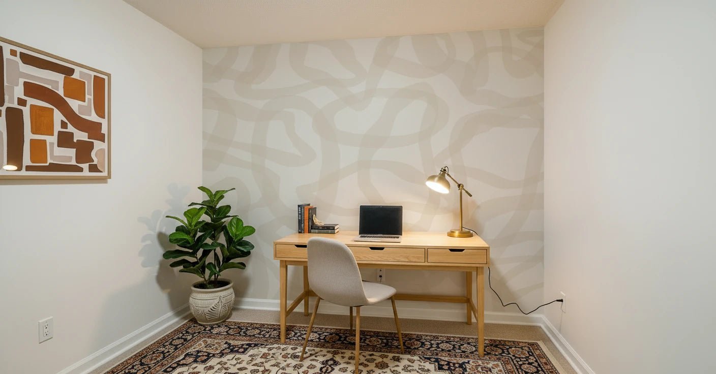 Study room with Flow State Wall Mural and a light wood desk corner