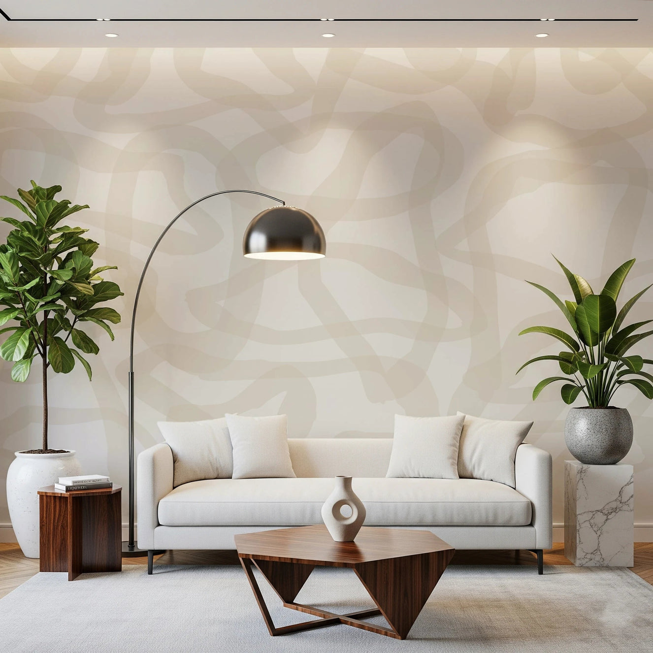 Sitting room with Flow State Wall Mural and a curved floor lamp accent