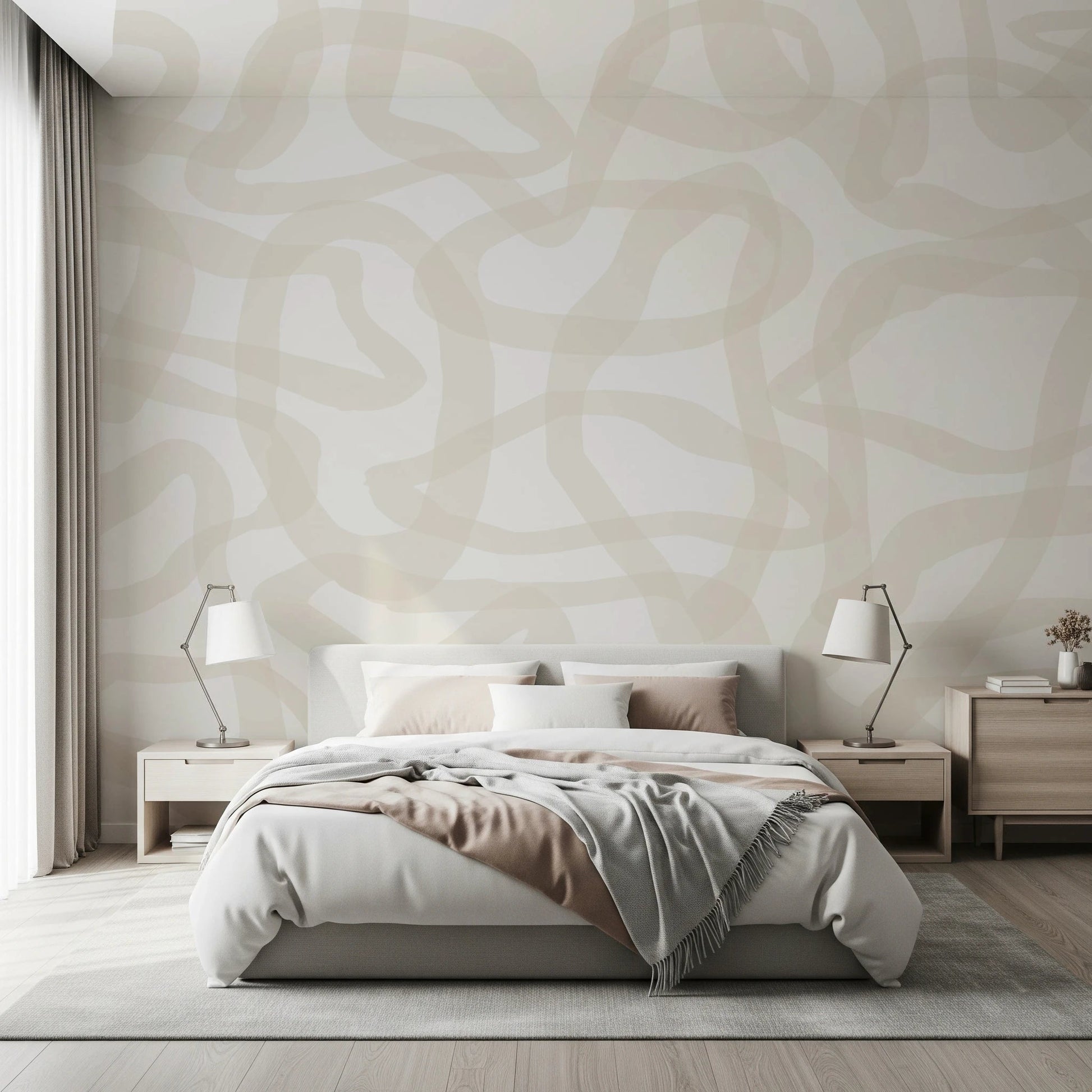 Bedroom with Flow State Wall Mural and a calm neutral bed setting