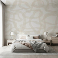 Bedroom with Flow State Wall Mural and a calm neutral bed setting