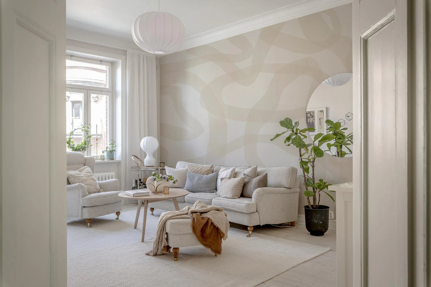 Bright sitting room with Flow State Wall Mural and soft daylight tones