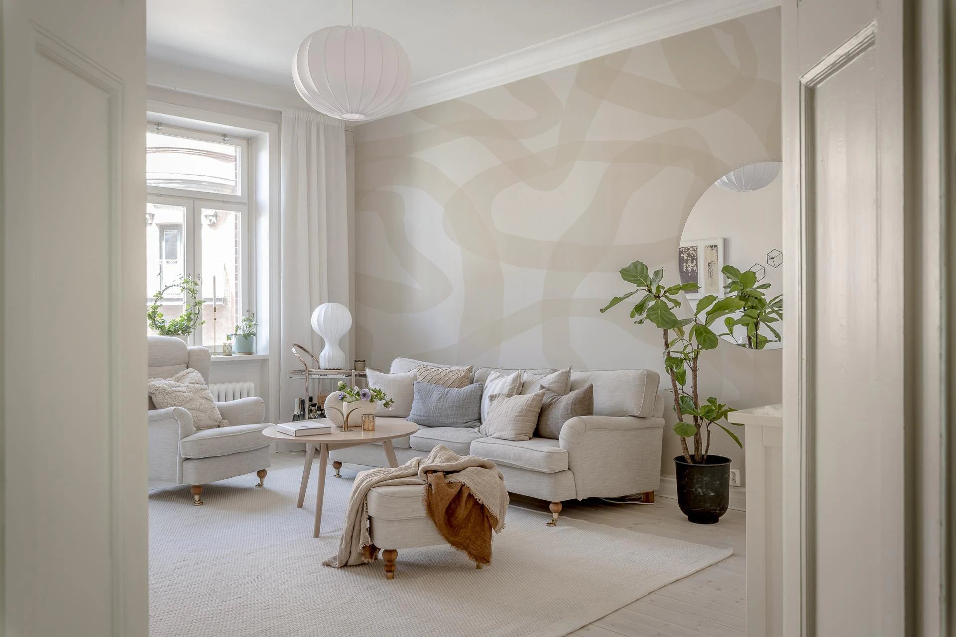 Bright sitting room with Flow State Wall Mural and soft daylight tones