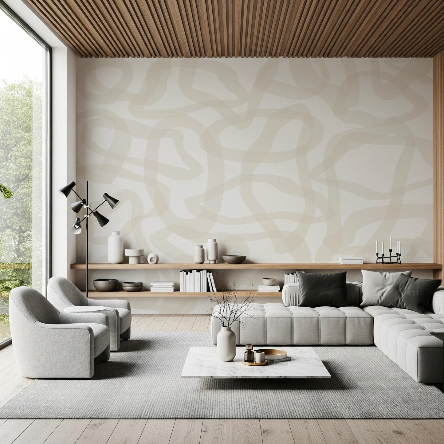 Open lounge with Flow State Wall Mural and a modern wood ceiling design