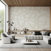 Open lounge with Flow State Wall Mural and a modern wood ceiling design