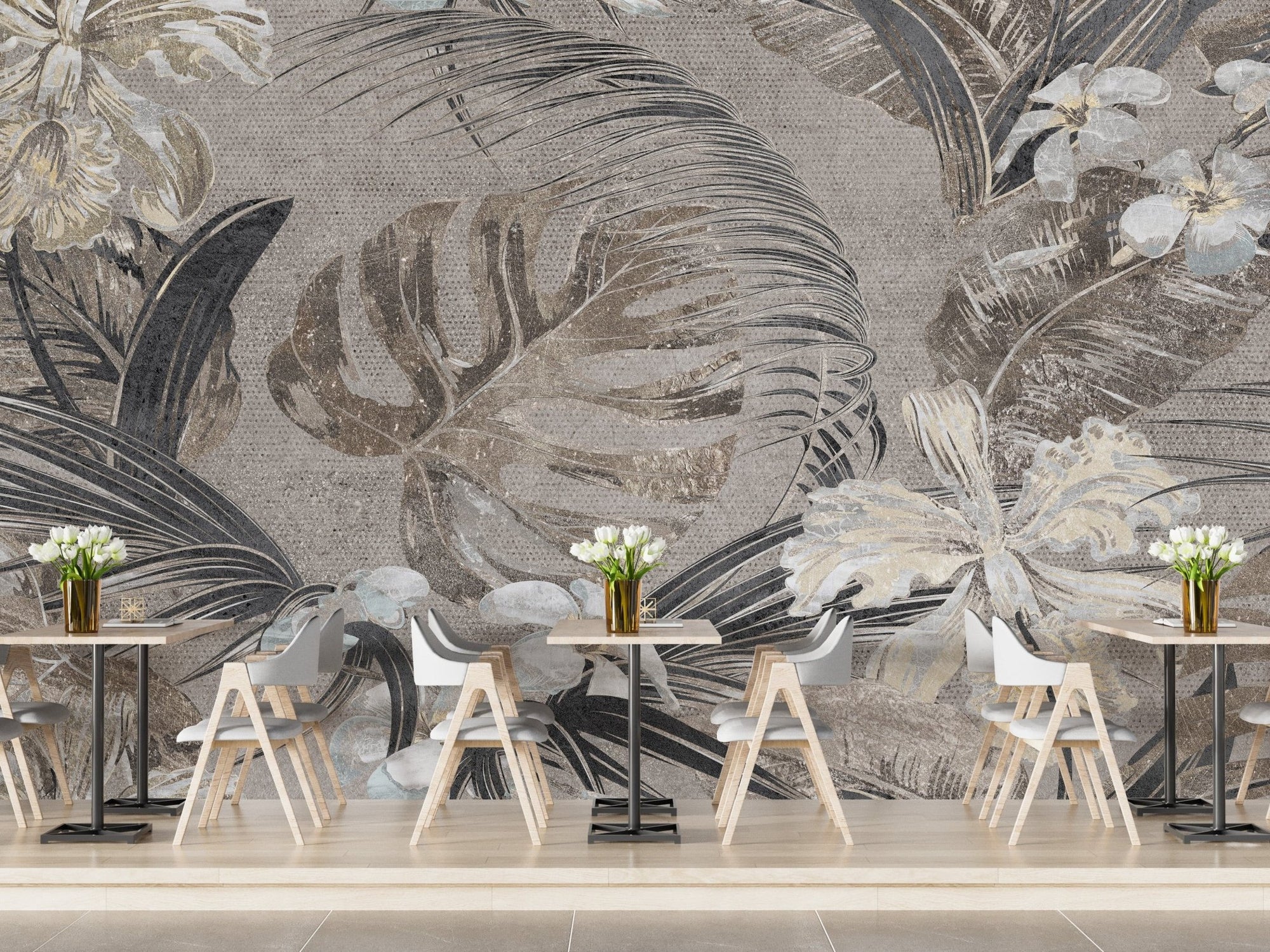 Delica Sepia Flower and leaves Wallpaper Mural A190