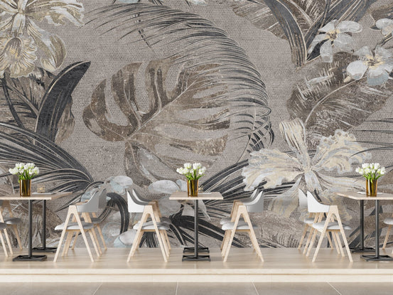 Delica Sepia Flower and leaves Wallpaper Mural A190