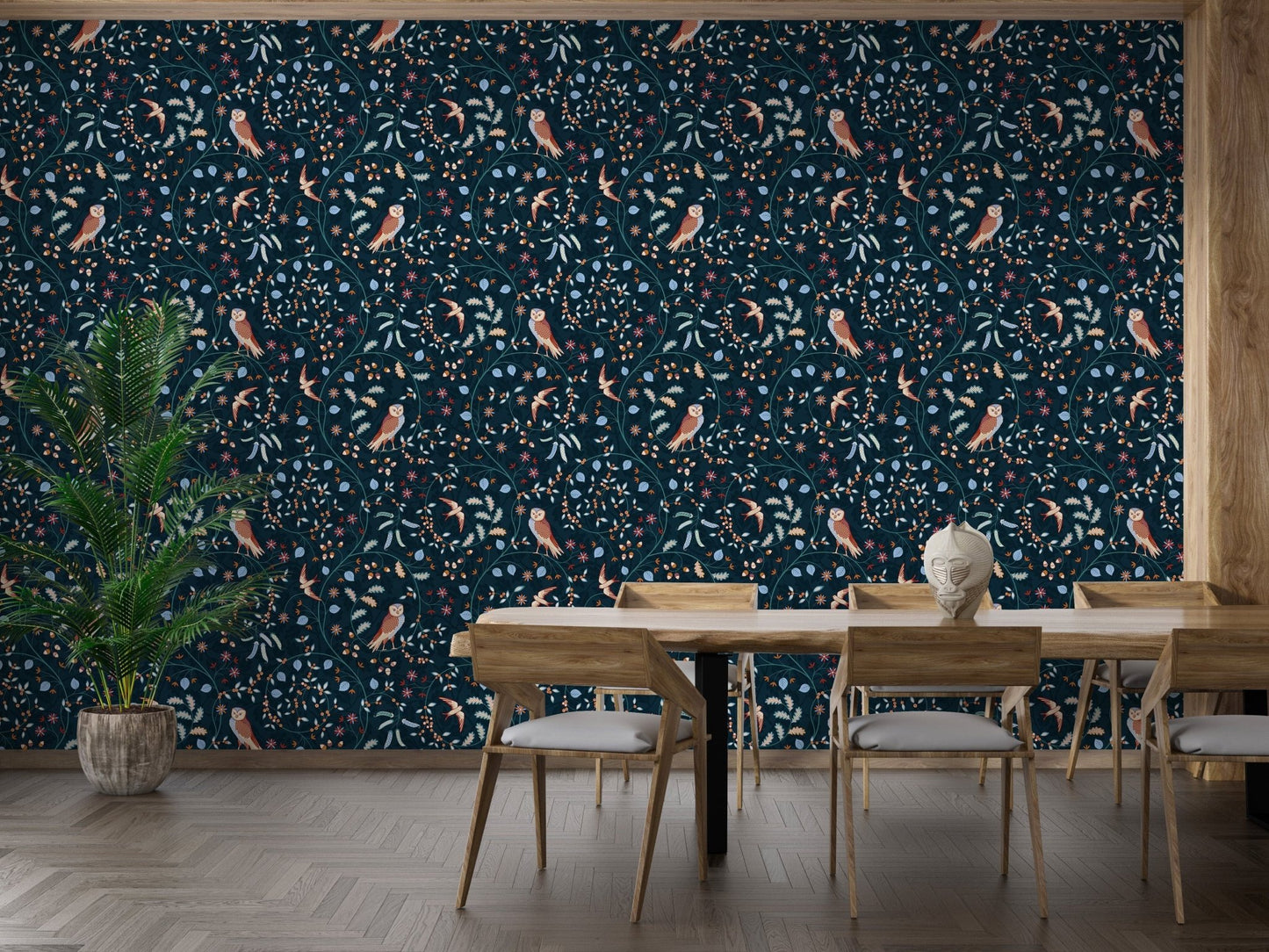 Dark blue bird and floral pattern wallpaper
