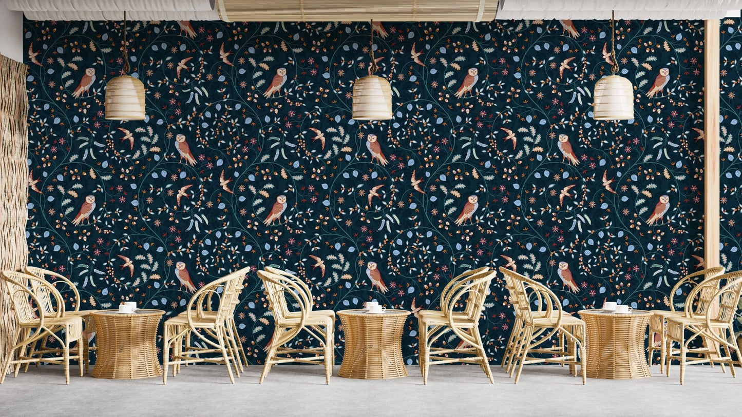 Birds and flowers dark blue design mural
