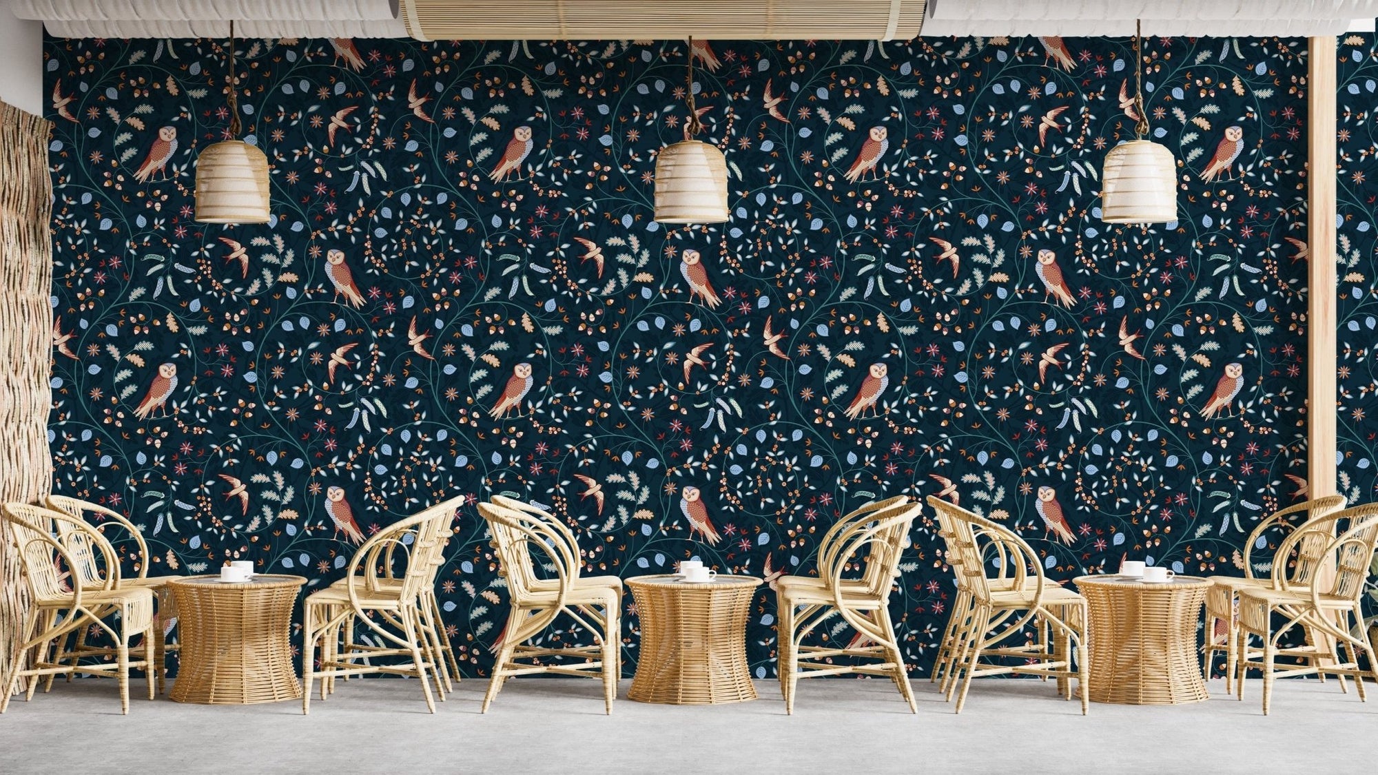 Birds and flowers dark blue design mural B102
