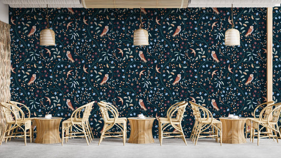 Birds and flowers dark blue design mural B102

