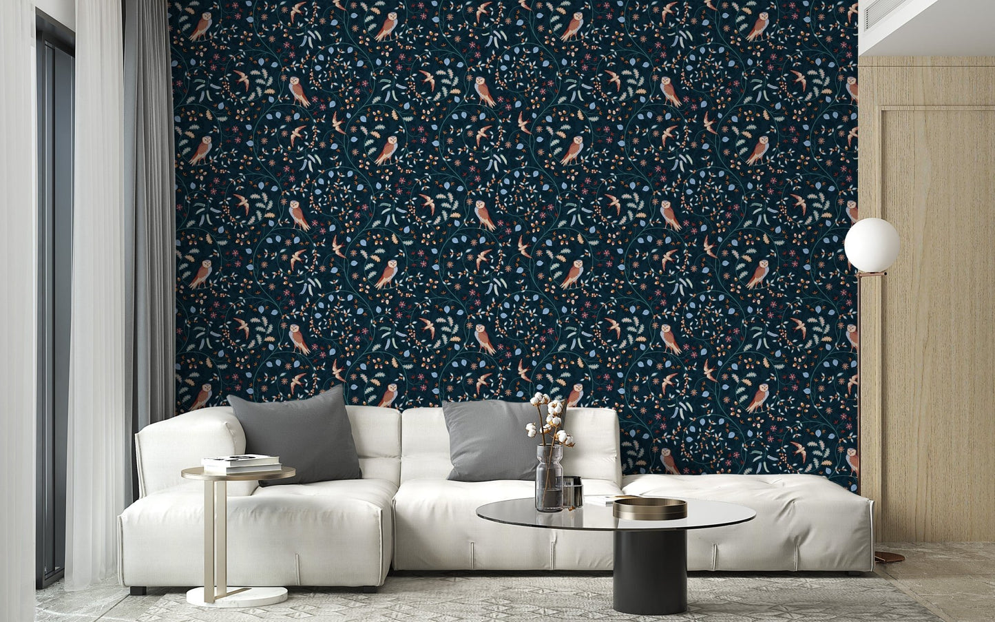 Artistic floral and bird motif wallpaper

